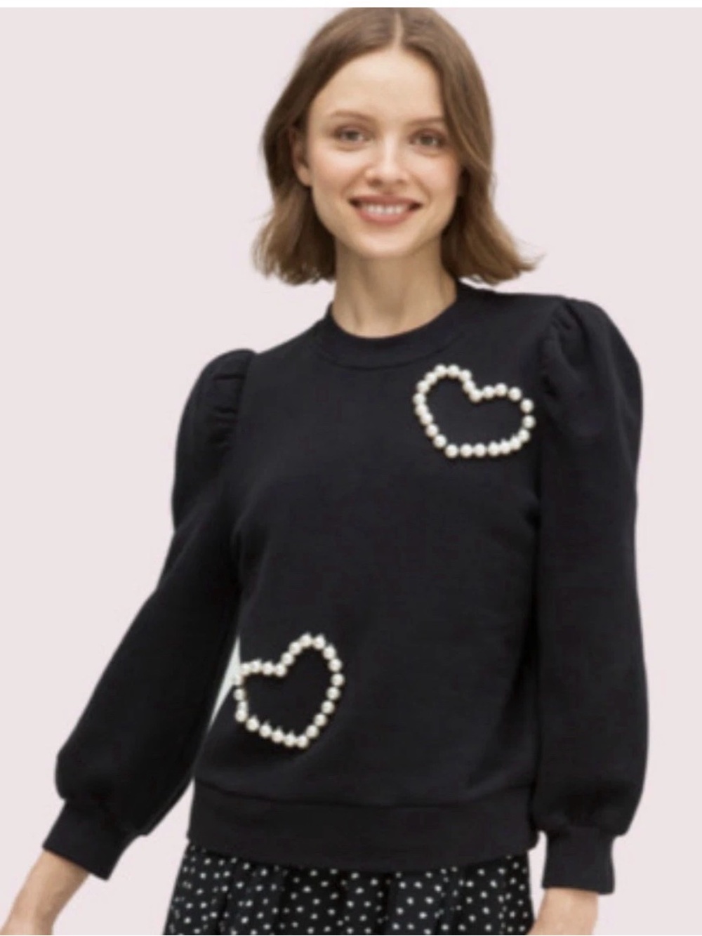 Kate Spade Black Solid Crewneck Sweatshirt Pearl Heart Puff Sleeve XXS/XS